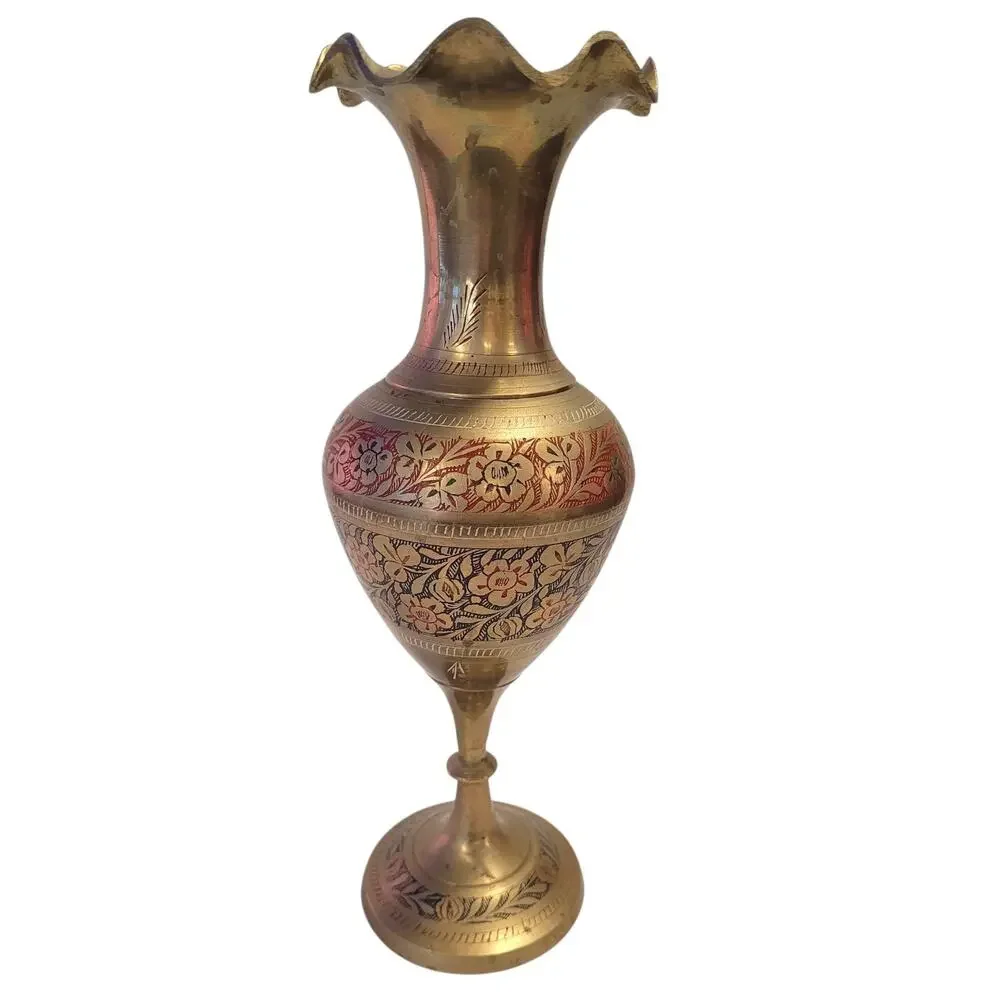 Vintage Brass Vase Handmade Etched Solid Floral Design Color Engraved Decor 12